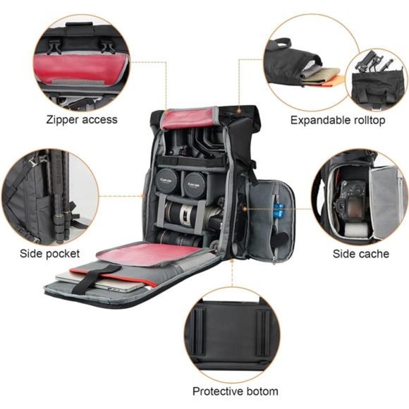 Camera Backpack Waterproof,Photography Bag Rolltop for DSLR SLR MirrorlessCamera - Picture 4 of 7